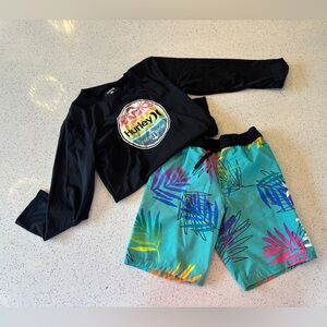 Hurley Black Long Sleeve Rash Guard with Teal Tropical Swim Shorts (5/6)
